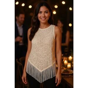 Maurice's Women's Ivory Lace Sleeveless Boho Blouse w/Tassels, Medium